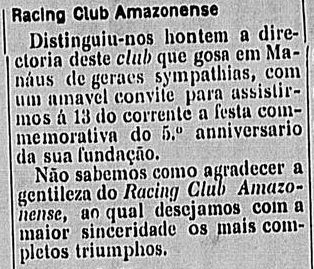 Noticia do 5° aniversário do Racing Club Amazonense