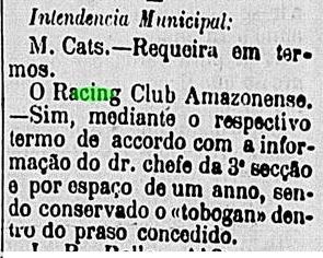 Noticia da Intendência Municipal sobre a concessão do Campo do Racing Club Amazonense