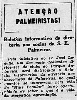Noticia do Boletim Informativo do Palmeiras em 1946