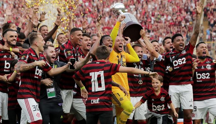 Jogadores do Flamengo comemoram o titulo da Libertadores 2019