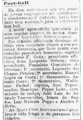 Noticia sobre a fundação do Inter no Correio do Povo