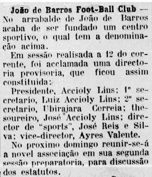 Noticia de funfação do João de Barros, atual America Futebol Clube