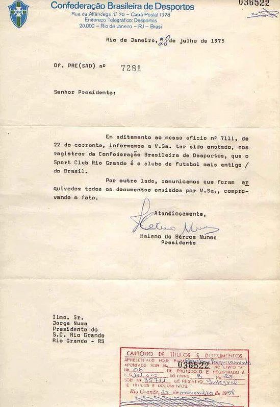 Oficio de reconhecimento do Sport Club Rio Grande como o mais antigo clube do Brasil