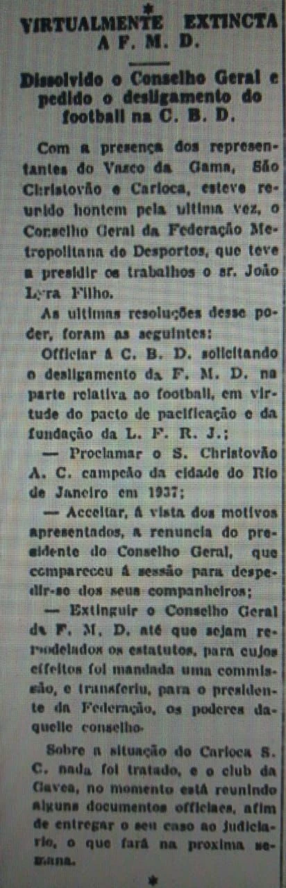 Comprovação São Cristóvão Campeão Carioca de 1937 pela FMD