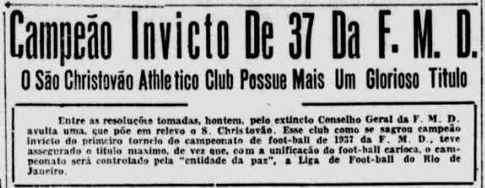 Noticia do São Cristóvão campeão carioca da FMD de 1937