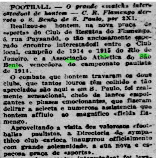 Noticia Flamengo x AA São Bento da Capital Paulista em 1916